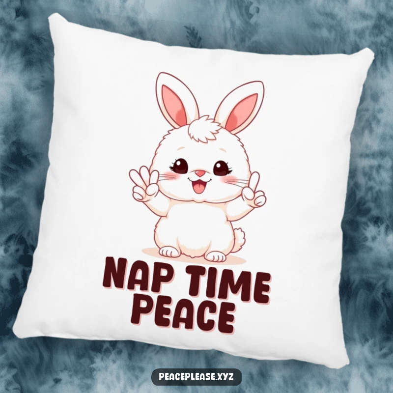Funny pillow featuring a fluffy bunny holding a peace sign, smiling sweetly, offering comfort and cute decor.