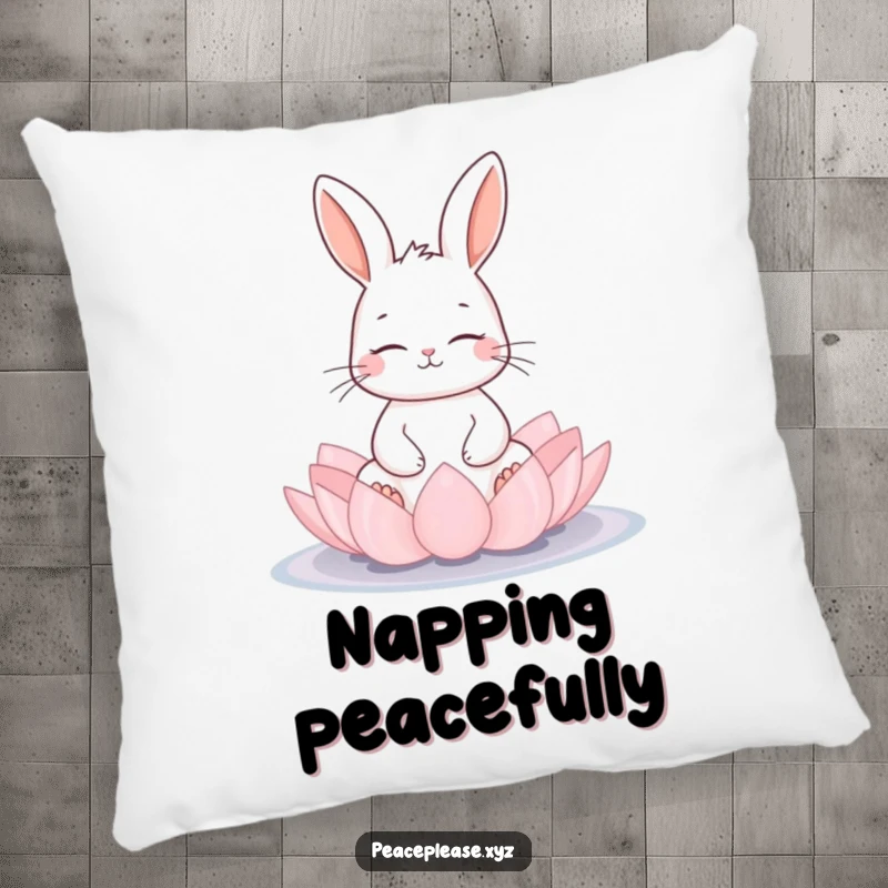 Funny meditating rabbit on a lotus pad on a soft pillow, designed for comfort and peaceful vibes, ideal funny gift.