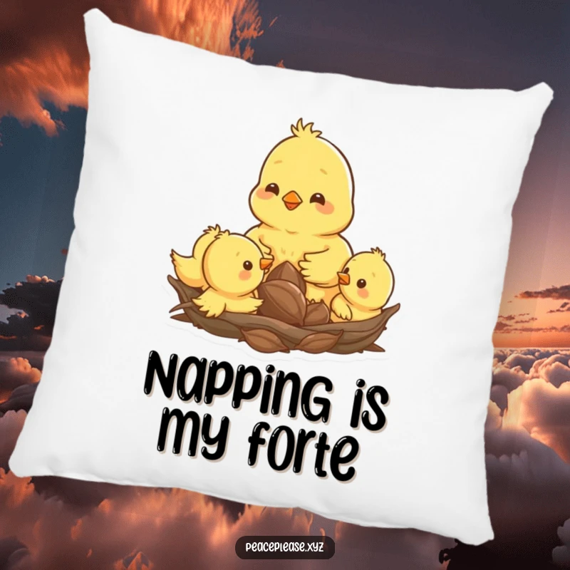 Funny pillow design of a happy chick pecking a seed amongst its siblings in a cozy nest, perfect for decor.