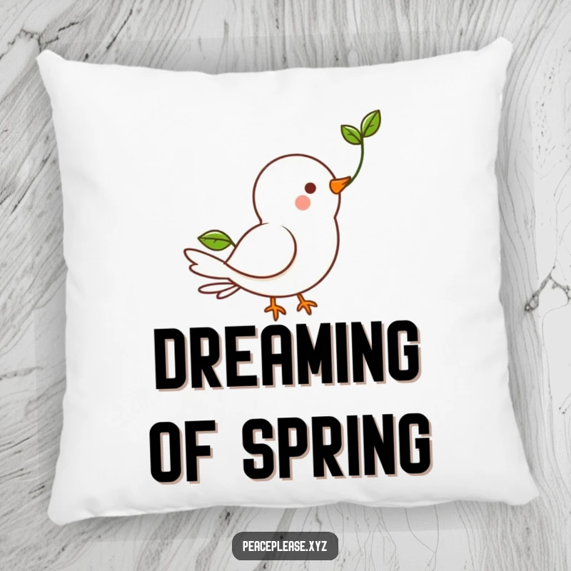 Funny Pillow featuring a happy dove character holding a green sprout, symbolizing hope and new beginnings.