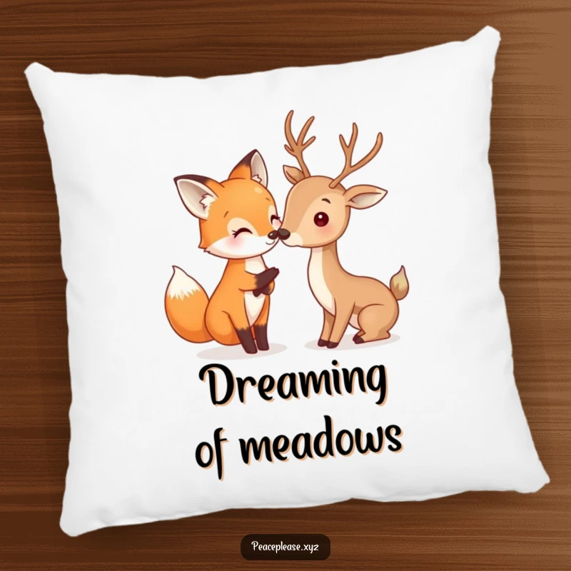 Funny Fox and Deer pillow depicting a happy fox gently touching noses with a deer, a cozy and humorous woodland accent.