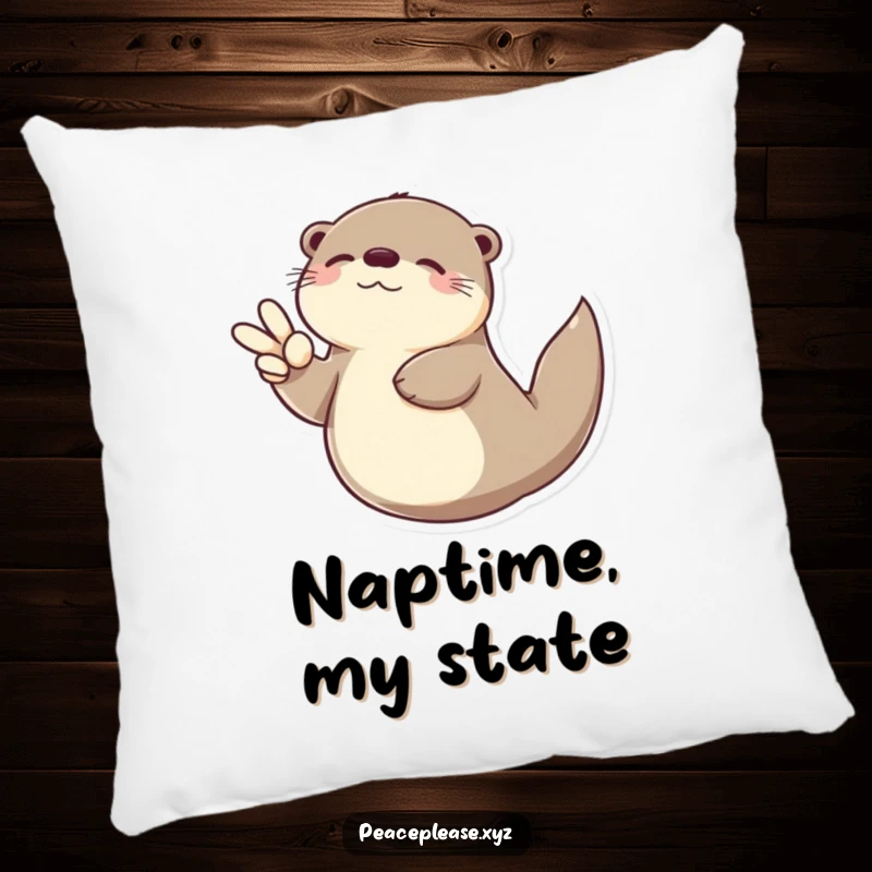 Funny Otter pillow depicting a serene otter floating on its back with a peace sign, a cozy and humorous symbol of peace.