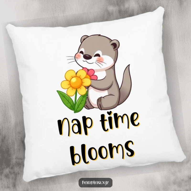 Funny pillow with a playful otter character presenting a flower, offering comfort and charming decor.