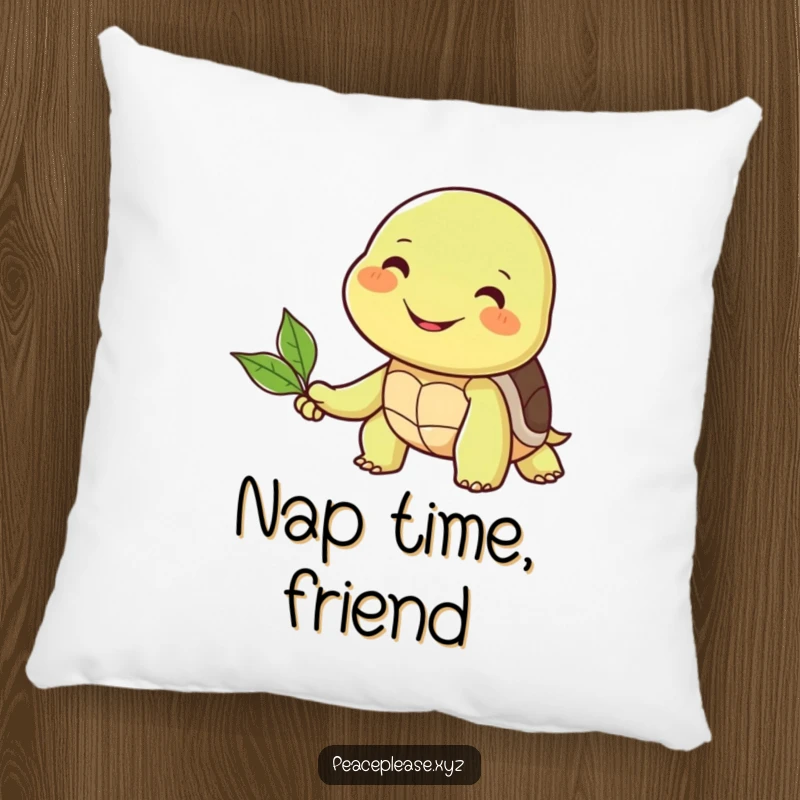 Funny pillow with a smiling turtle extending a leaf to a smiling friend, symbolizing comfort and gentle friendship.