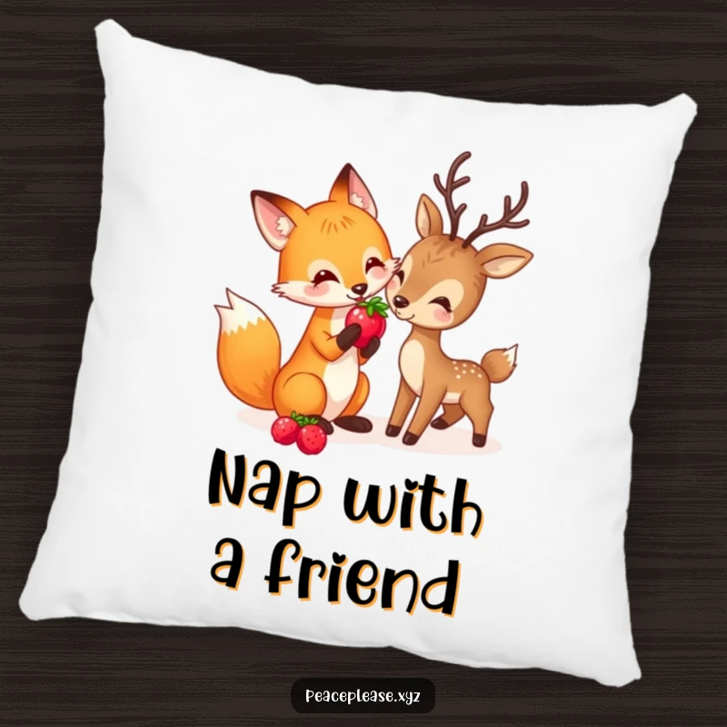 Funny pillow with a playful fox sharing a berry with a gentle deer, symbolizing comfort and woodland friendship.