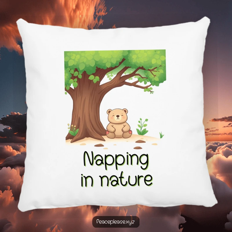 Funny Pillow featuring a meditating bear under a tree, offering plush comfort and a dose of humorous serenity.