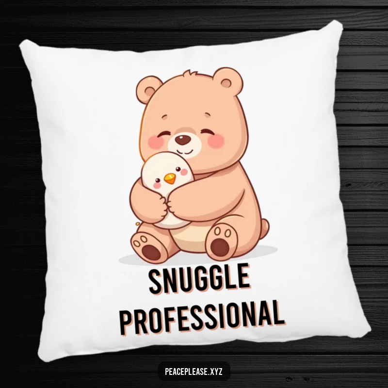 Funny pillow with a large bear giving a gentle hug to a small bird, emphasizing comfort and sweet animal connection.