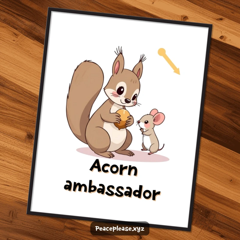 Funny digital art print of a curious squirrel offering a nut to a tiny, trusting mouse, symbolizing friendship and cuteness.