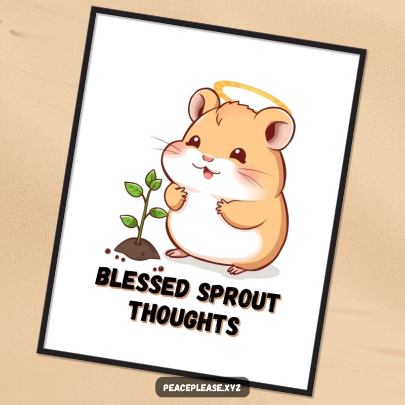 Funny digital art print of a serene hamster with a halo, offering a tiny sprout to a seedling, symbolizing kindness and peace.