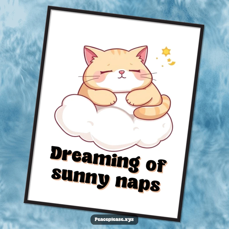 Funny cat digital art print of a plump cat napping on a cloud, dreaming of sunshine, perfect for instant wall decor.