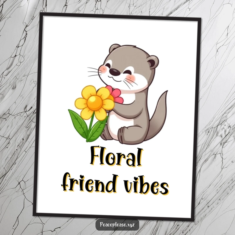 Funny digital art print of a playful otter character sharing a flower, perfect for instant wall decor and gifts.