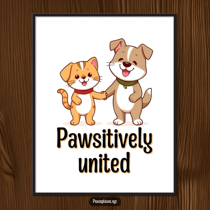 Funny Digital Art Print of a cheerful cat and a friendly dog holding hands, celebrating friendship.