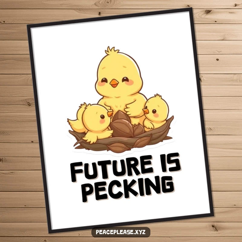 Funny digital art print of a happy chick pecking a seed amongst its siblings in a nest, symbolizing joy.