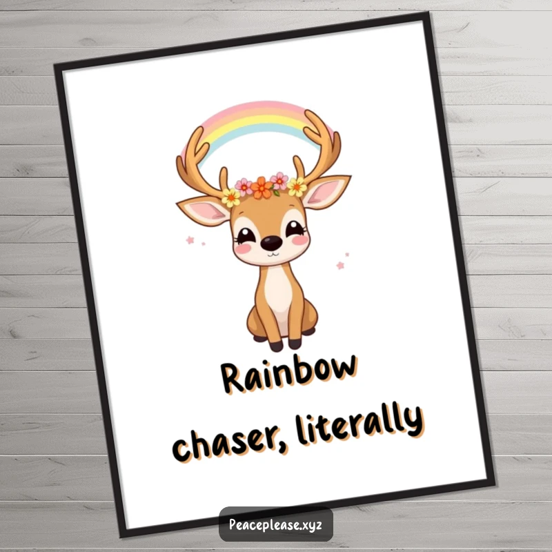 Funny digital art print of a joyful deer with flowers in its antlers gazing serenely at a rainbow, symbolizing hope.