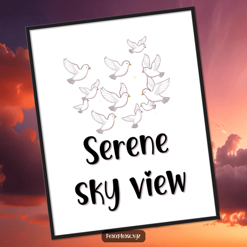 Funny digital art print of a graceful flock of doves flying in a peaceful formation, symbolizing hope and unity.