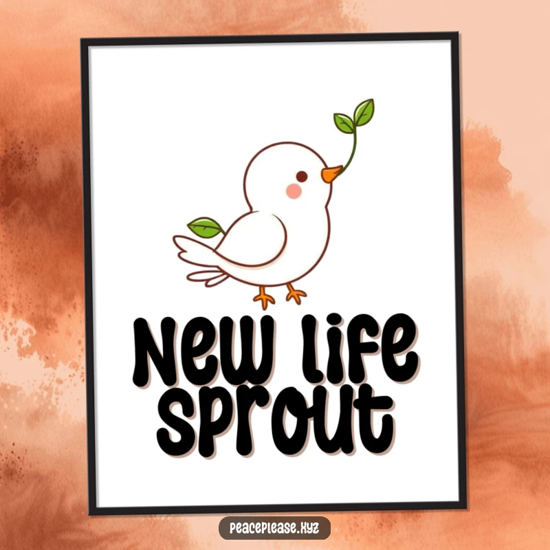 Funny Digital Art Print of a happy dove character holding a green sprout, symbolizing hope.