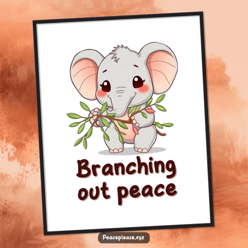 Funny Digital Art Print of a cute elephant character smiling and offering an olive branch, promoting peace.