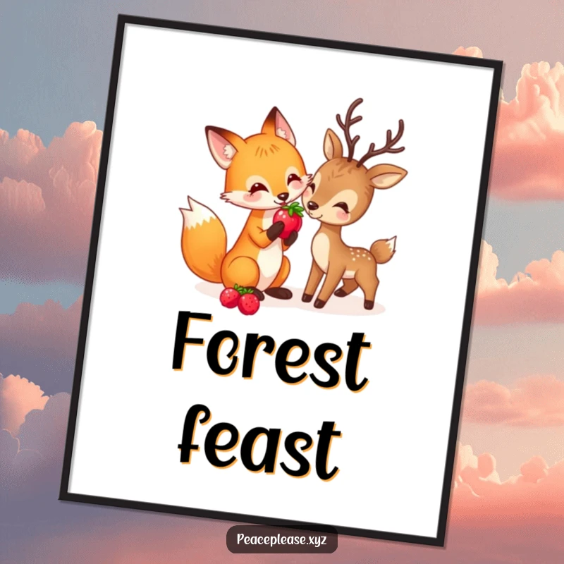Funny digital art print of a playful fox sharing a berry with a gentle deer, symbolizing woodland friendship and sharing.