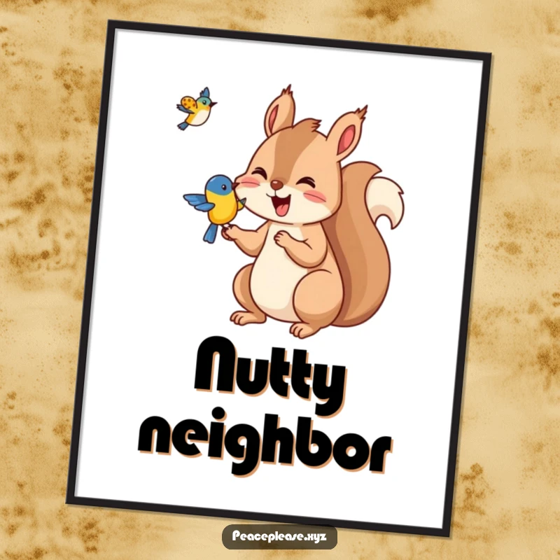 Funny Squirrel digital art print of a squirrel offering nuts to a bird, humorous and heartwarming woodland wall decor.