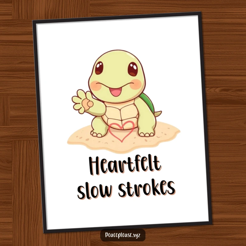 Funny digital art print of a cheerful turtle paw drawing a heart symbol in the sand, perfect for romantic coastal decor.