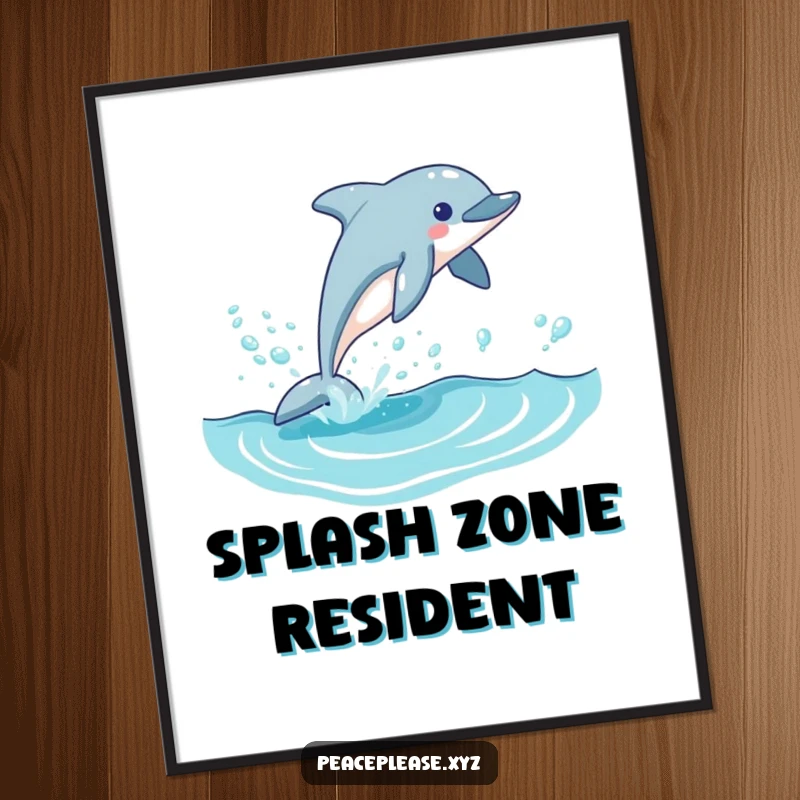 Funny dolphin digital art print of an exuberant dolphin leaping from a clear blue wave, surrounded by a whimsical trail of bubbles.