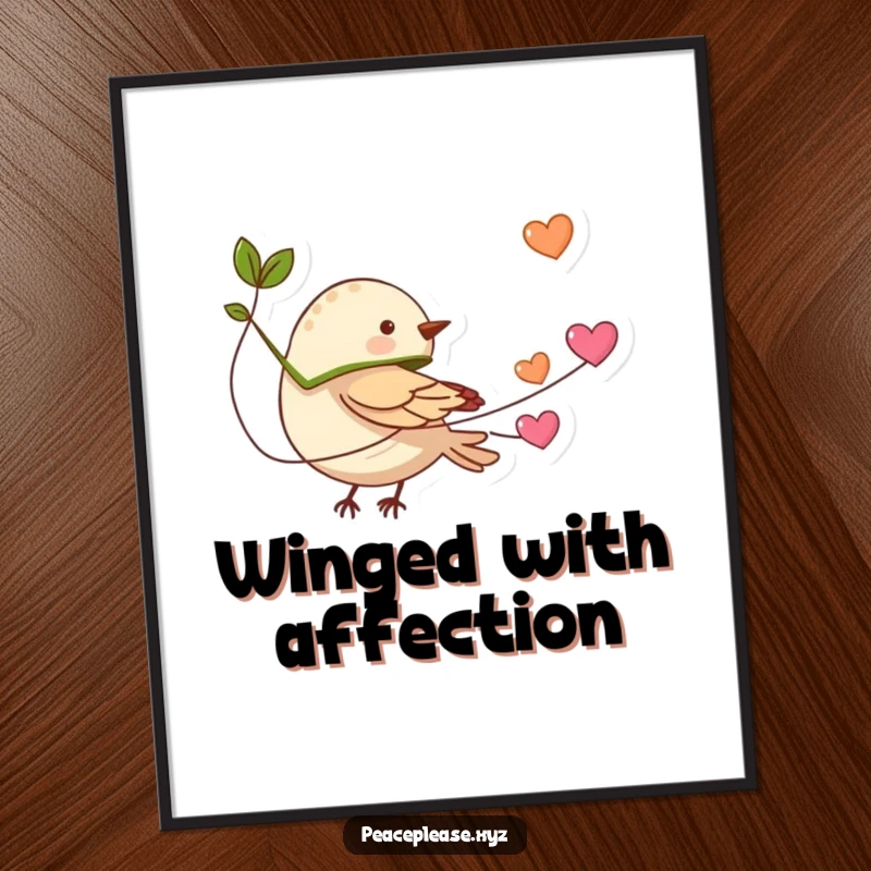 Funny tiny bird with a leaf cape flying with a string of hearts, a loving digital art print for instant display.