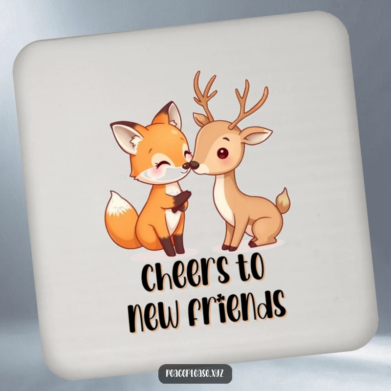 Funny Fox and Deer coasters showing a happy fox gently touching noses with a deer, humorous protection for surfaces.