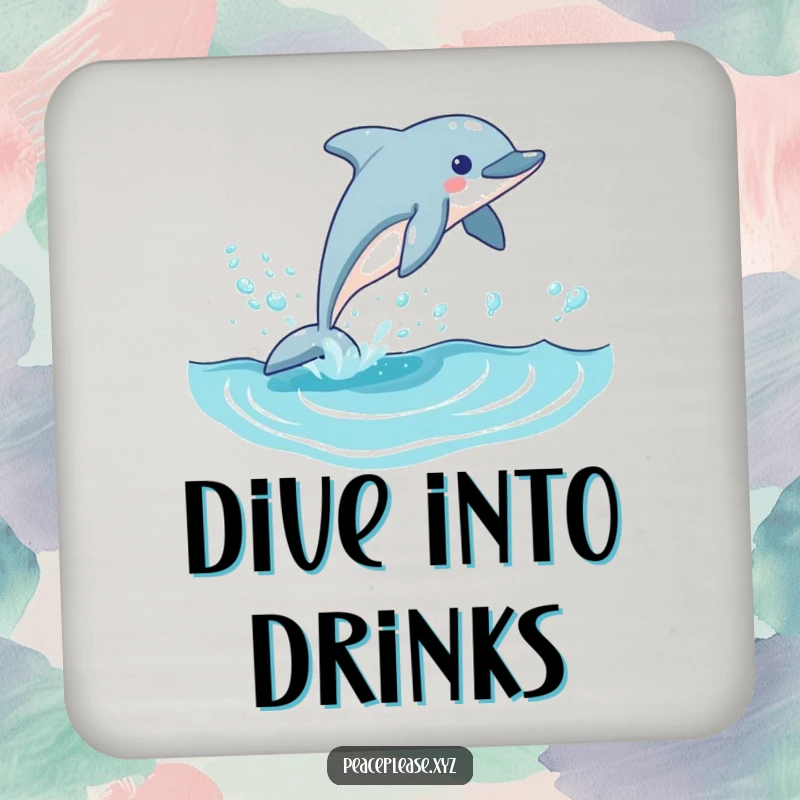 Funny dolphin coaster featuring a playful dolphin leaping from a blue wave with bubbles, offering surface protection with a cheerful ocean design.