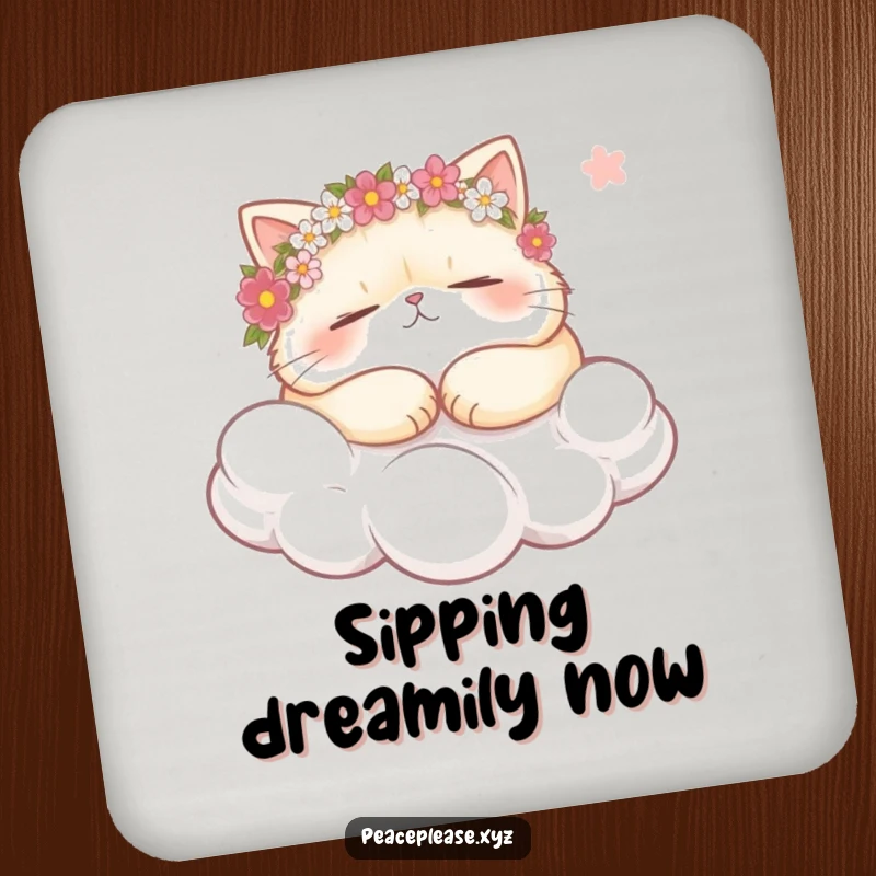 Funny plump cat wearing flower crowns, snoozing on a cloud, holding a gentle breeze on a drink coaster, adding calm humor.