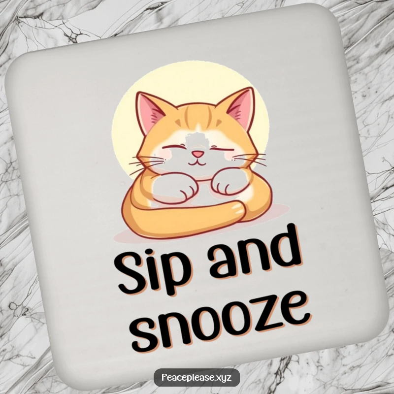 Funny drink coaster showcasing a contented cat napping peacefully in a sunbeam, perfect for a calm drink.