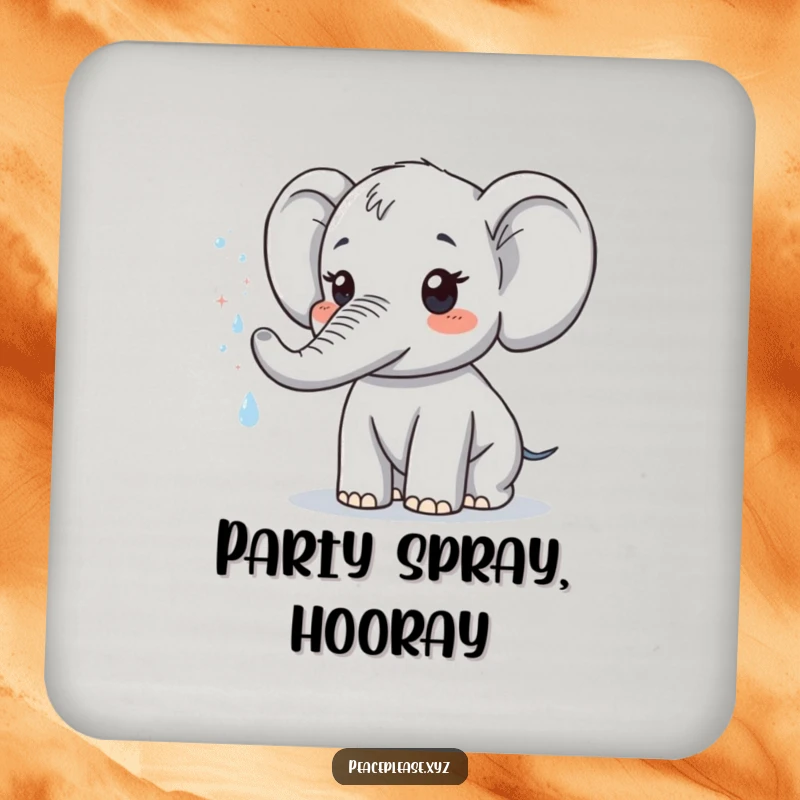 Funny coasters featuring a cute elephant character spraying a refreshing mist of sparkling water, protecting surfaces. A humorous home accessory gift.