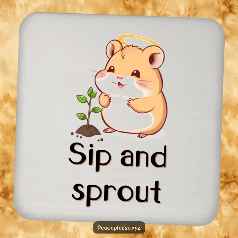 Funny coasters with a contented hamster wearing a halo, offering a tiny sprout to a seedling, adding gentle charm to tables.