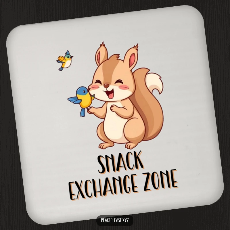 Funny Squirrel coasters showing a joyful squirrel offering nuts to a bird, humorous protection for drink surfaces.