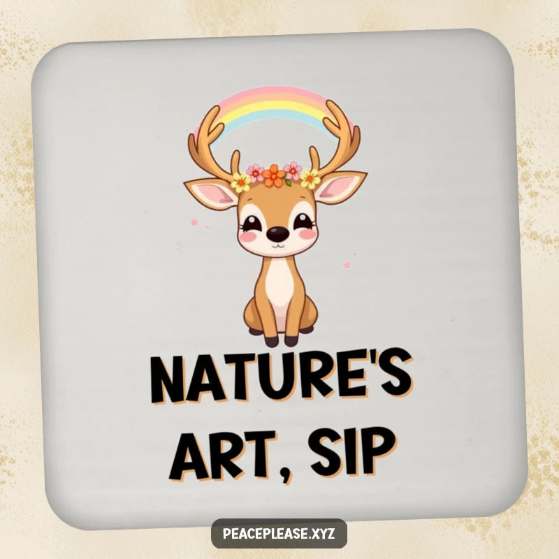 Funny coaster art of a joyful deer with flowers in its antlers gazing serenely at a rainbow, protecting surfaces.