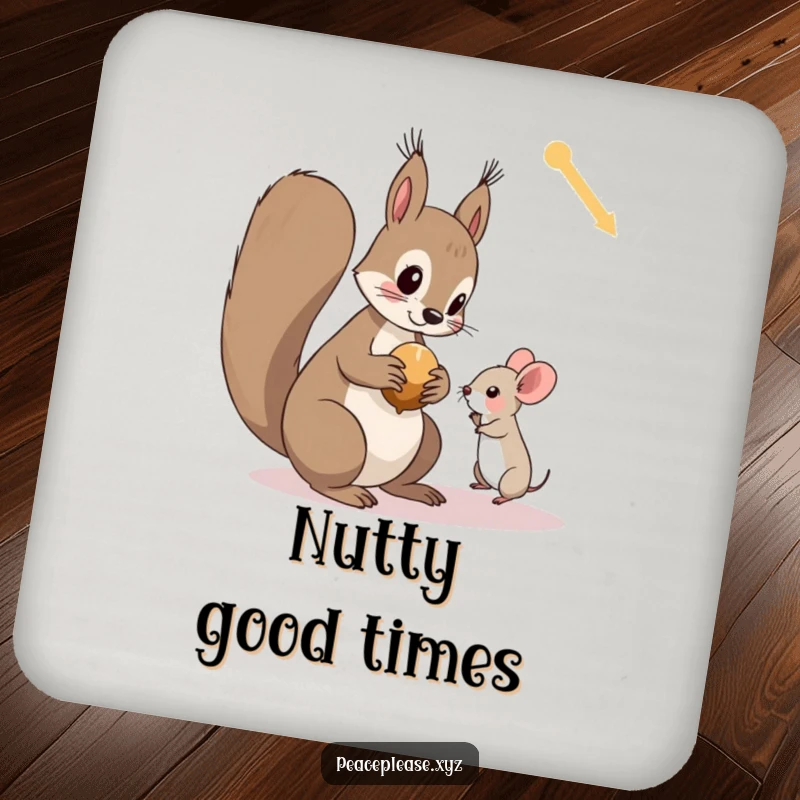 Funny coaster art of a curious squirrel offering a nut to a tiny, trusting mouse, adding charm to any table.