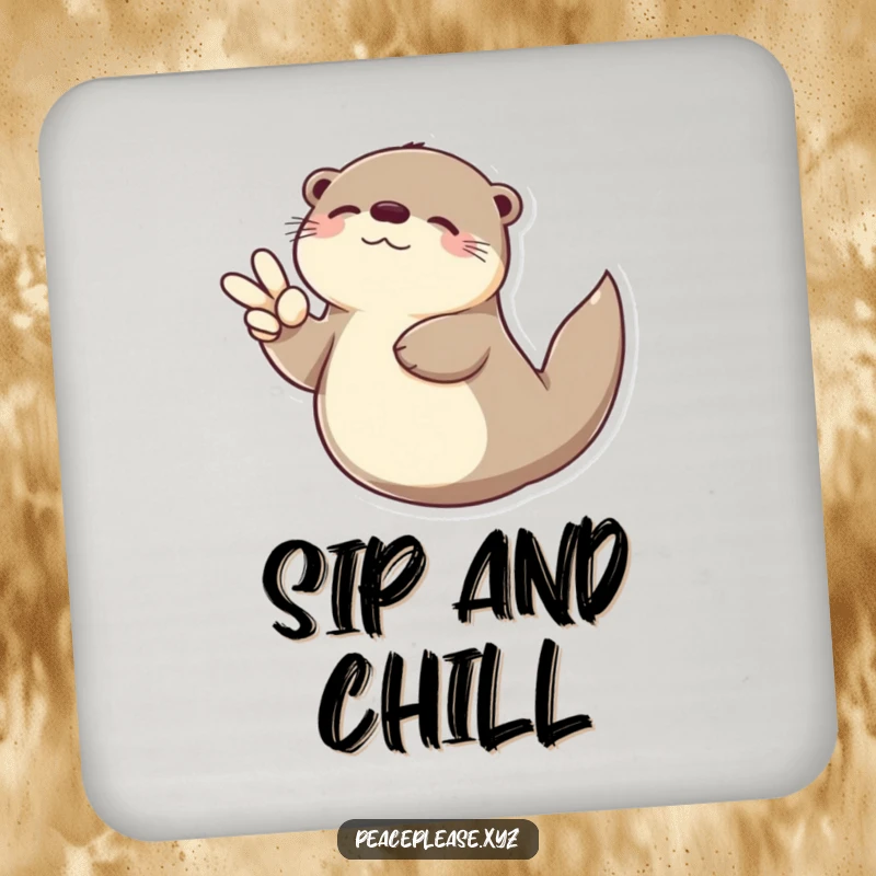 Funny Otter coasters showing a serene otter floating on its back with a peace sign, humorous protection for drink surfaces.
