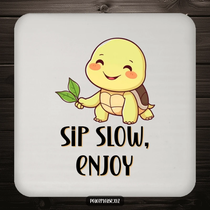 Funny coaster showing a smiling turtle offering a leaf to a smiling friend, symbolizing warmth and connection.