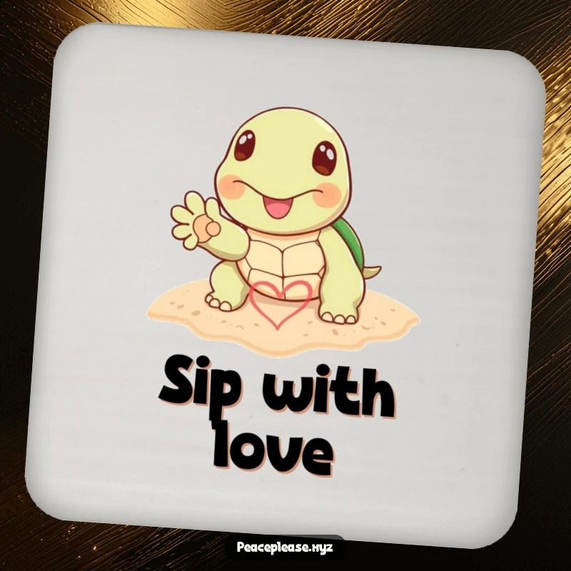 Funny coasters with a happy turtle paw drawing a heart symbol in the sand, bringing beachy love to tabletops.