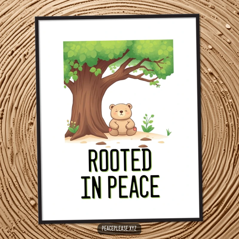 Funny Poster depicting a bear meditating peacefully under a large, leafy tree, creating a humorous and calming wall art.