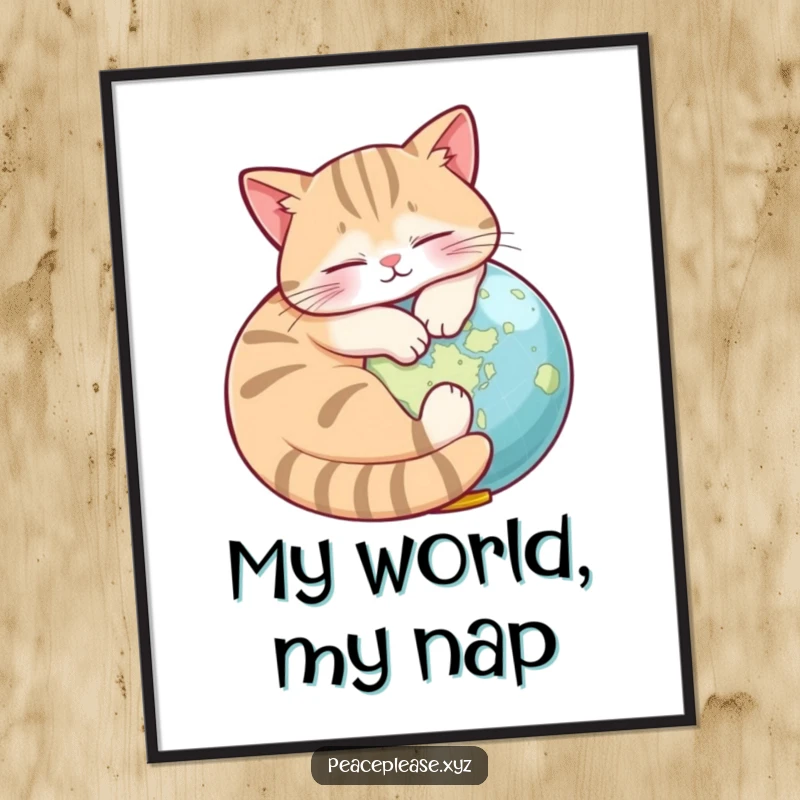 Funny Poster showing a peaceful cat napping around a miniature globe, a charming piece of humorous travel art.