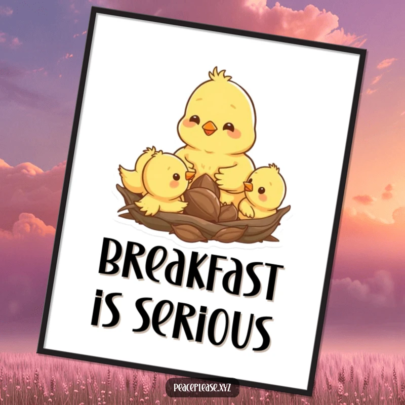 Funny poster art of a happy chick pecking a seed amongst its siblings in a nest, conveying warmth.