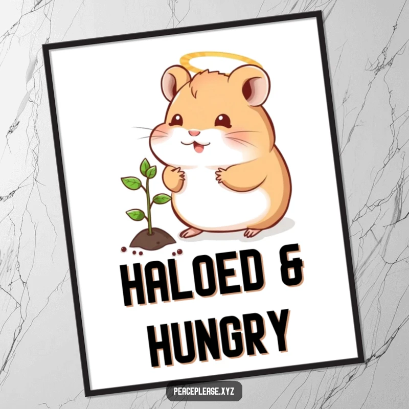 Funny poster print of a serene hamster with a halo, offering a tiny sprout to a seedling, creating a heartwarming and peaceful scene.