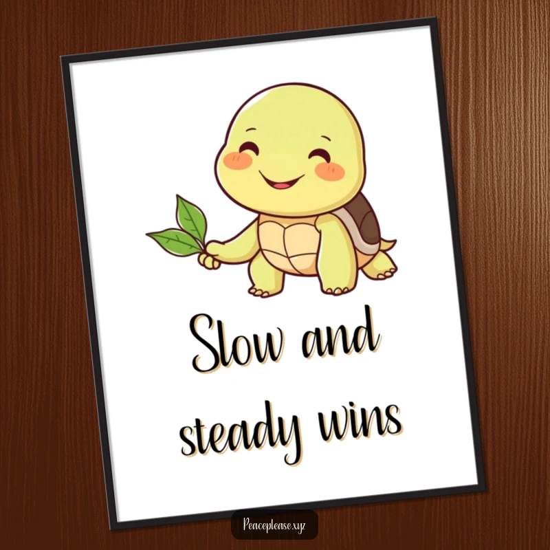 Funny poster featuring a smiling turtle offering a leaf to a smiling friend, celebrating kindness and companionship.