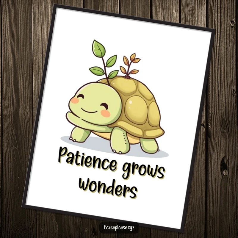 Funny poster art of a smiling turtle carrying a small, vibrant seedling on its shell, symbolizing new beginnings.