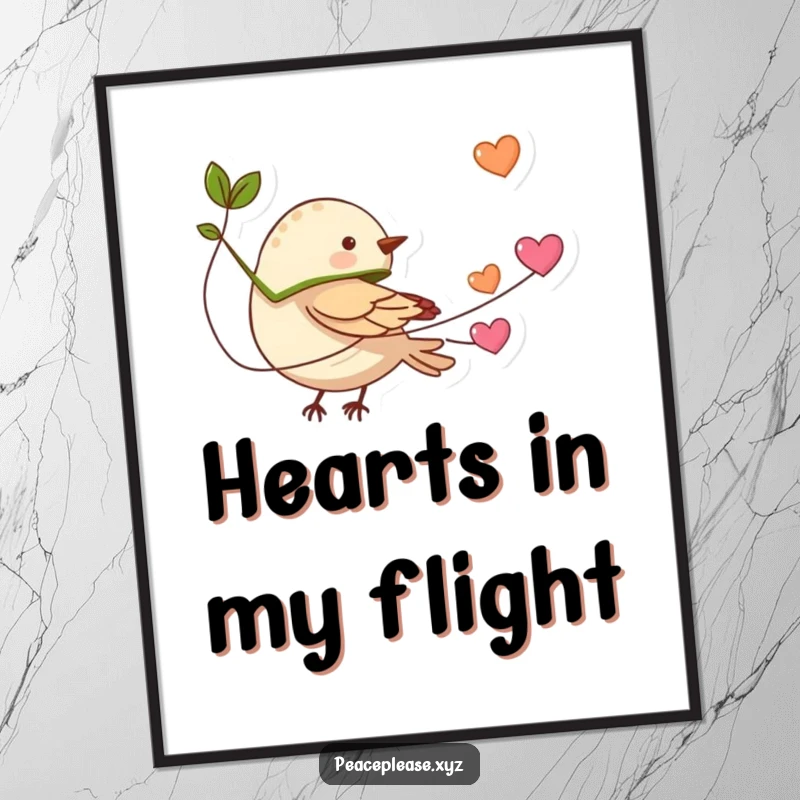 Funny tiny bird with a leaf cape flying with a string of hearts on a poster, a heartwarming piece of wall art.