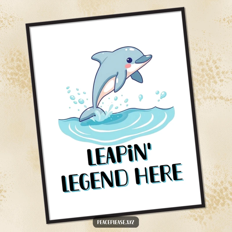 Funny dolphin poster capturing an exuberant dolphin mid-leap from a clear blue wave, its path marked by a whimsical trail of bubbles.