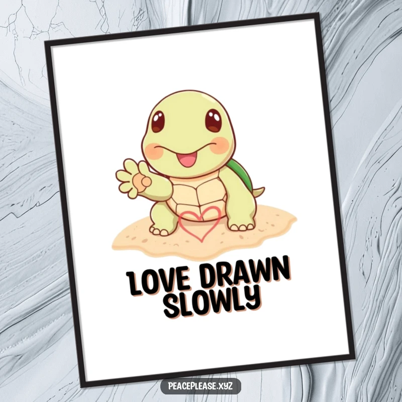 Funny poster featuring a cheerful turtle paw drawing a heart symbol in the sand, evoking love and beach scenery.