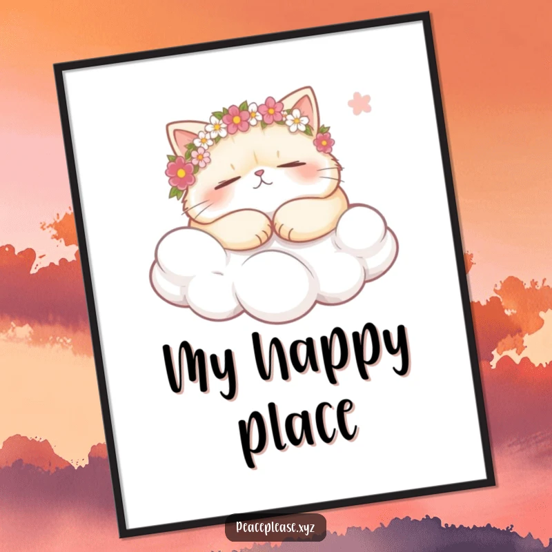 Funny plump cat wearing flower crowns, snoozing on a cloud, holding a gentle breeze on a poster, creating a serene and humorous wall art.