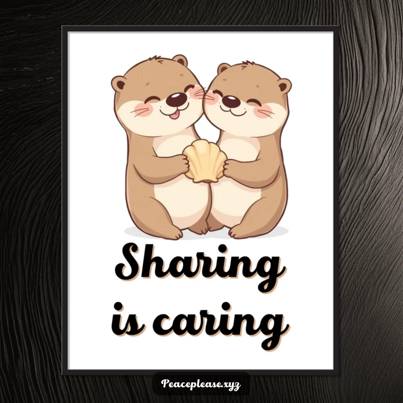 Poster art of a cheerful otter sharing a seashell, celebrating friendship and aquatic joy.