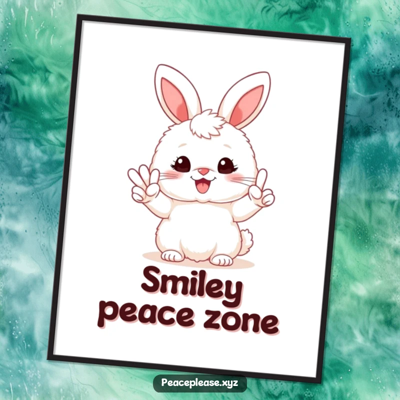 Funny poster art of a fluffy bunny holding a peace sign with a wide, happy smile, perfect for cheerful decor.